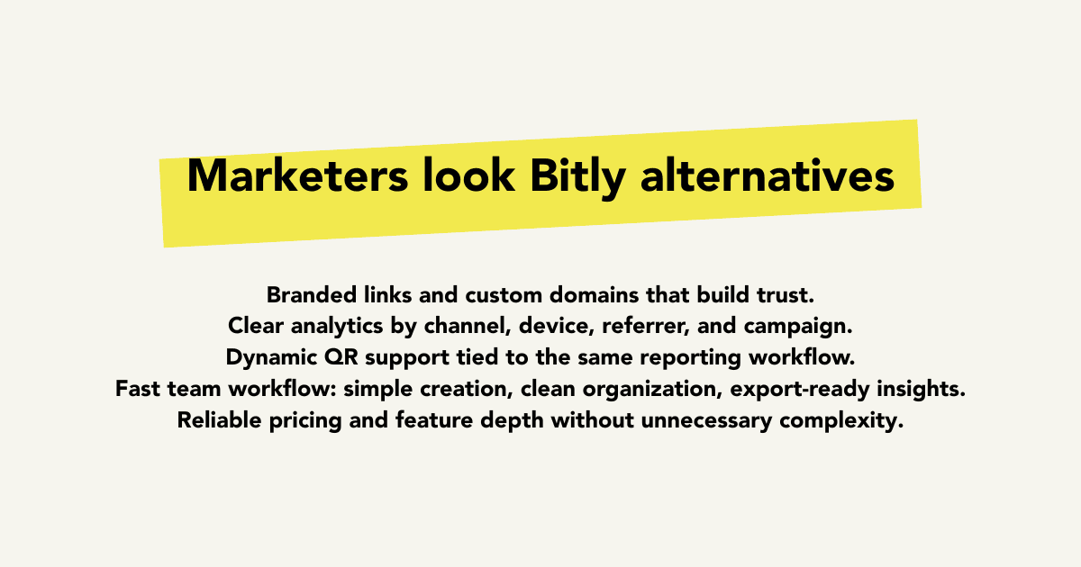 Bitly alternative comparison cover with quick summary and analytics telemetry blocks